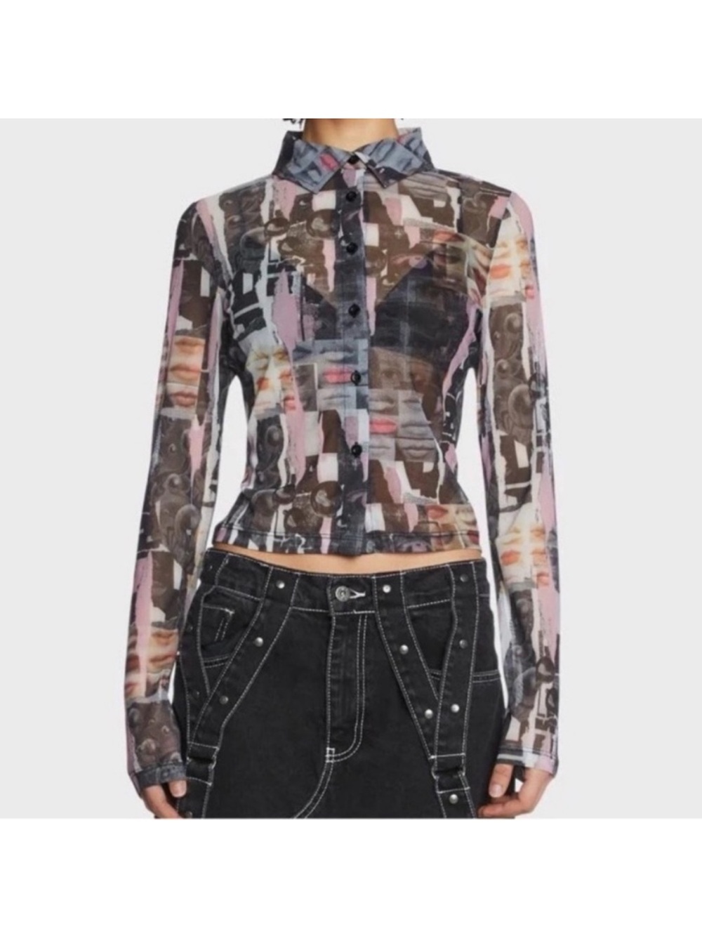The Ragged Priest Amnesia Mesh Patchwork Collar Button Up Top Size 8 Whimsigoth